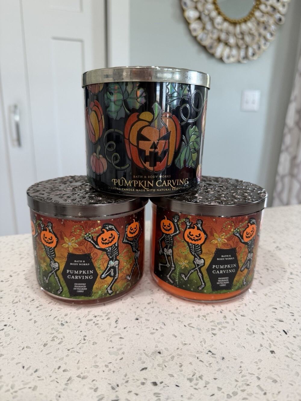 Bath And Body Works Pumpkin Carving 3-Wick Candles Set Of Three